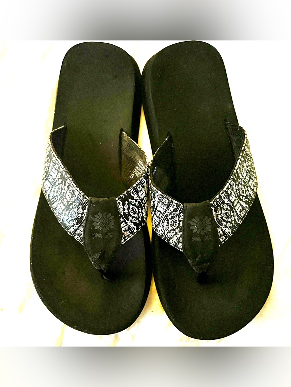 Yellow Box Black and White Patterned Thong Size-8 Sandals/FlipFlops